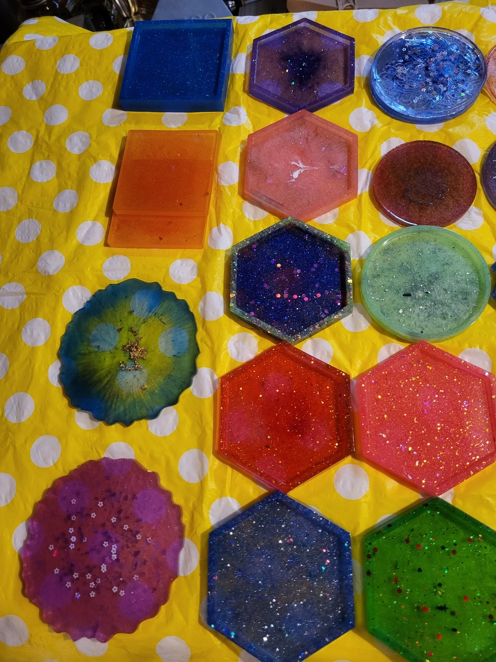 Handmade Resin Coasters — Multicolor Glitter Hexigon. Square & Round Shapes